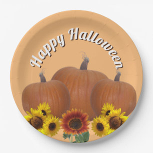 Three Orange Pumpkins with Sunflowers Halloween Paper Plates