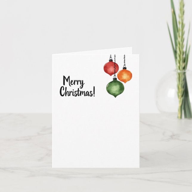 Three Ornaments Hanging Christmas Card (Front)