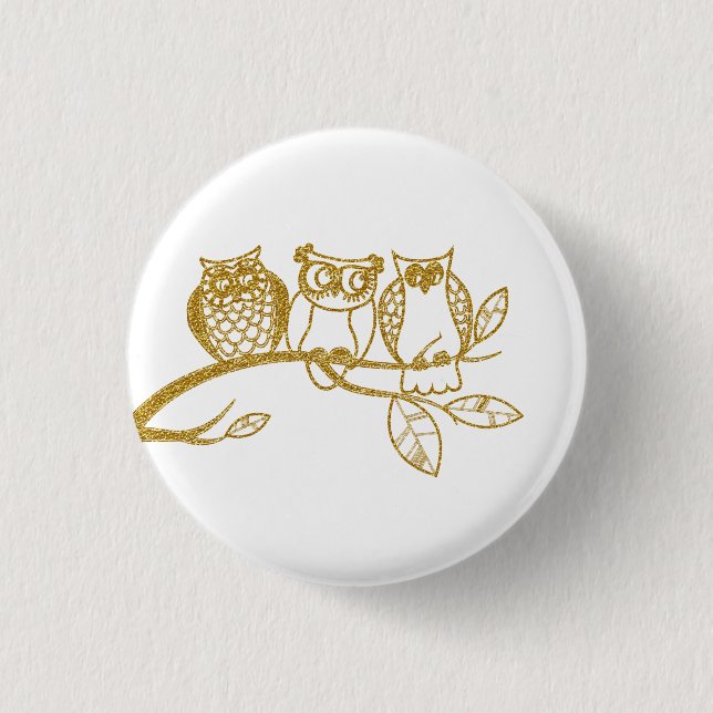 Three Owl Babies in Gold Glitter Button (Front)