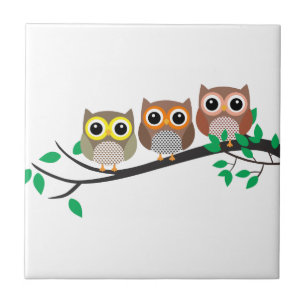 Three Owls on a Tree Branch cute drawing Ceramic Tile
