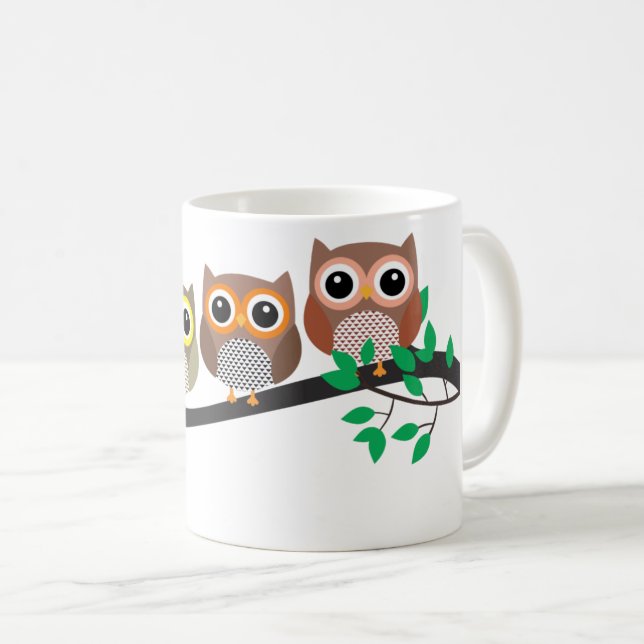 Three Owls on a Tree Branch cute drawing Coffee Mug (Front Right)