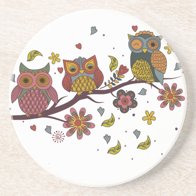 Three owls on branch coaster (Front)