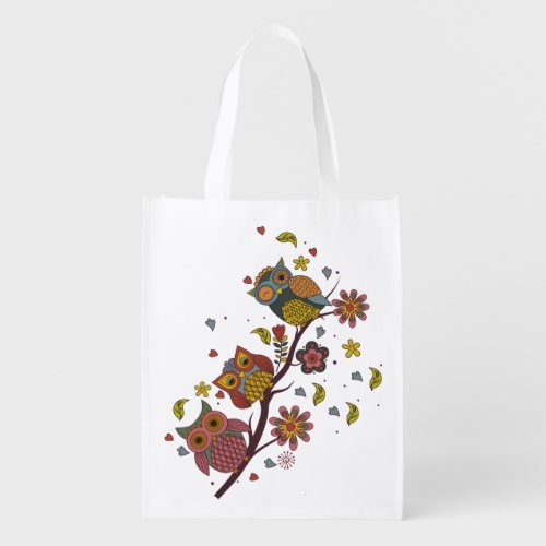 Three owls on branch grocery bag