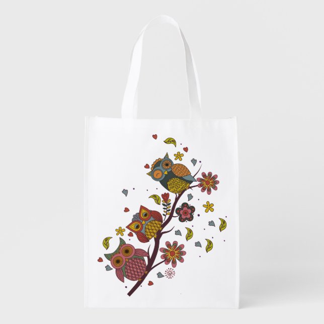 Three owls on branch grocery bag (Front)