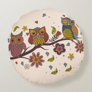 Three owls on branch round pillow