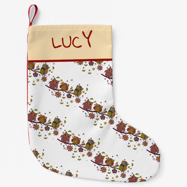 Three owls on branch small christmas stocking (Front)