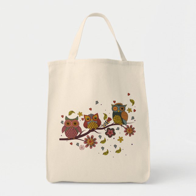 Three owls on branch tote bag (Front)