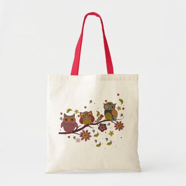 Three owls on branch tote bag (Front)