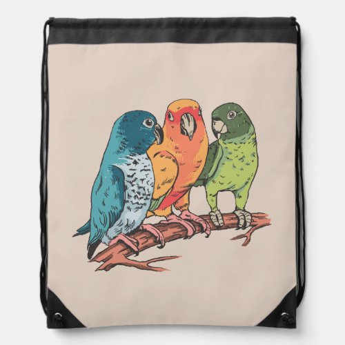 Three parrots illustration design drawstring bag