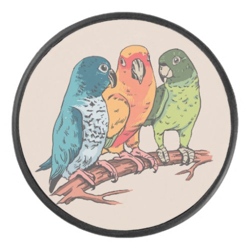 Three parrots illustration design hockey puck