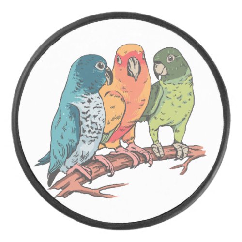 Three parrots illustration design hockey puck