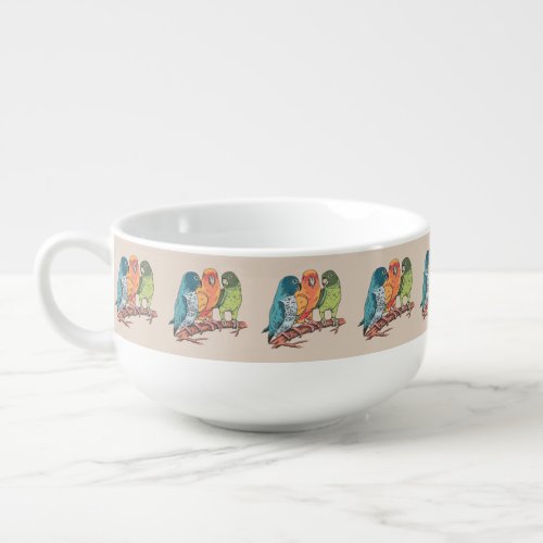 Three parrots illustration design soup mug