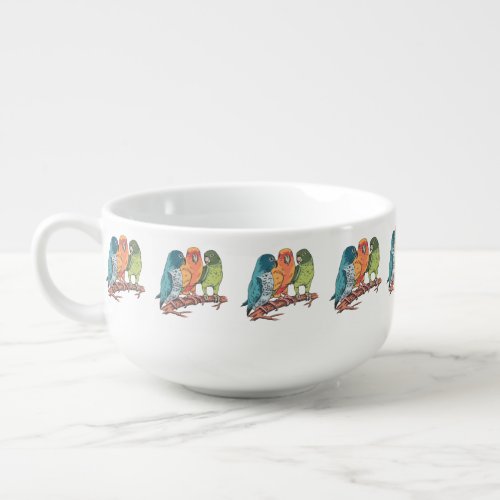 Three parrots illustration design soup mug