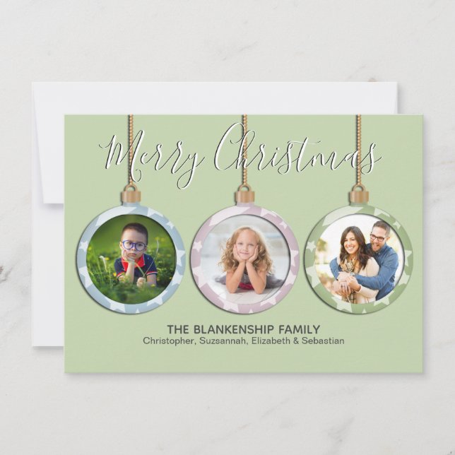 Three Pastel Ornament Custom Photo Christmas Holiday Card (Front)