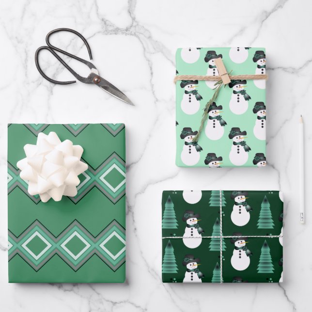 Three Patterned Snowman Designs Wrapping Paper Sheets (Front)