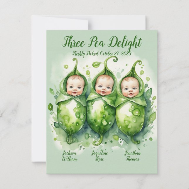 Three Pea Delight- Triplets Birth Announcement (Front)