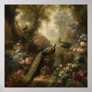 Three Peacocks in Enchanted Forest Oil Painting Poster
