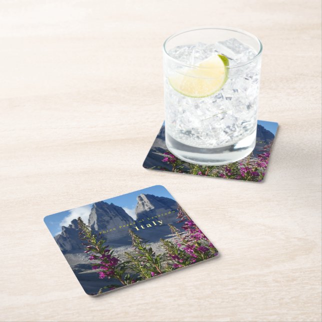 Three Peaks of Lavaredo Wildflowers Italy Square Paper Coaster (Insitu)