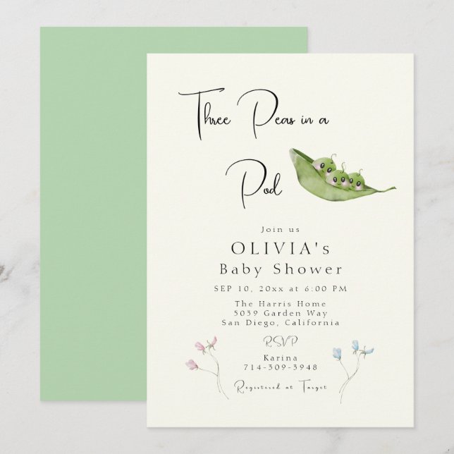 Three Peas in a Pod Baby Shower Invitation (Front/Back)