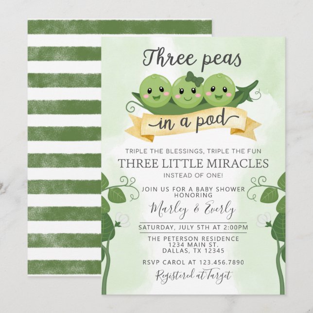 Three Peas in a Pod Baby Shower Invitation Triplet (Front/Back)