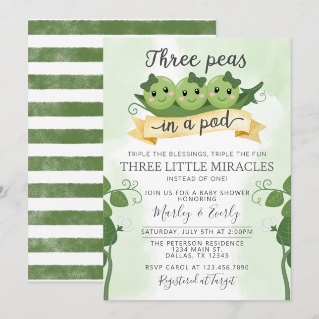 Three Peas in a Pod Baby Shower Invitation Triplet (Front/Back)