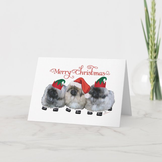 Three Pekingese Puppies Christmas Holiday Card (Front)