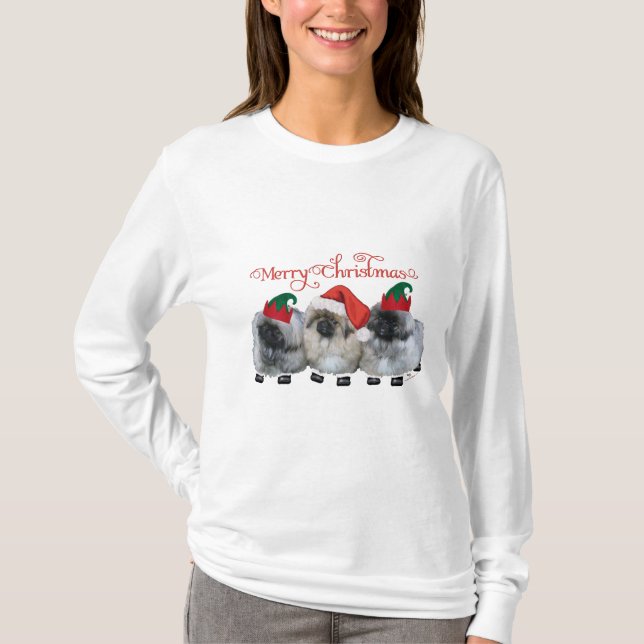 Three Pekingese Puppies Christmas T-Shirt (Front)