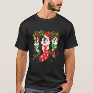 Three Penguin In Sock Christmas Cute Santa Hat T-Shirt