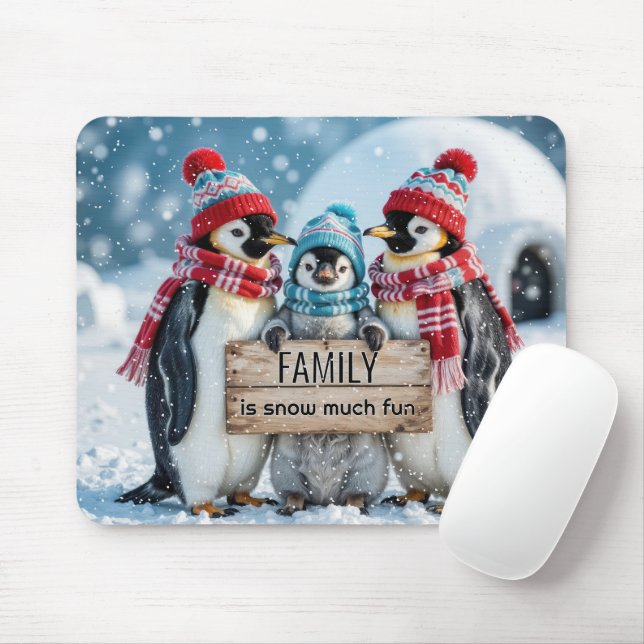 Three Penguins With a Wooden Sign Mouse Pad (With Mouse)