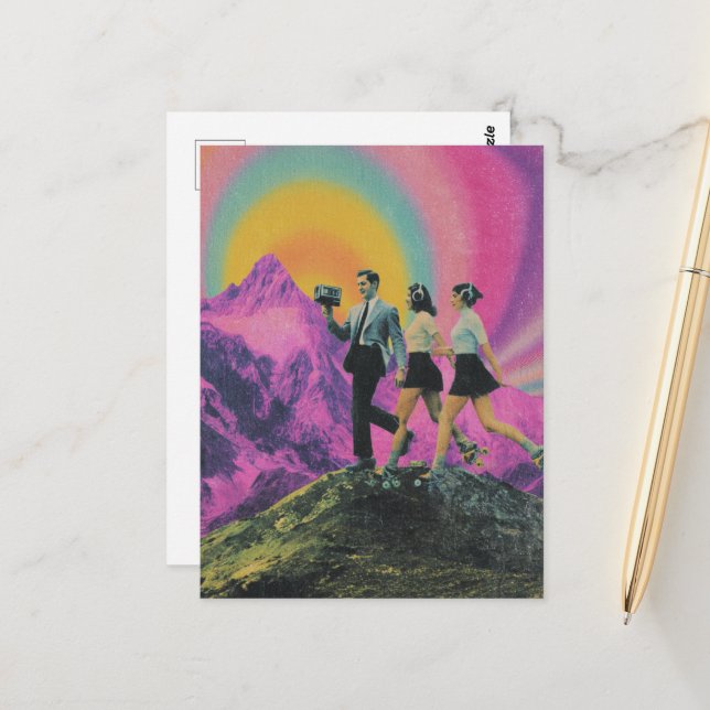 Three People Skating on the Mountain Ridge Surreal Postcard (Front/Back In Situ)