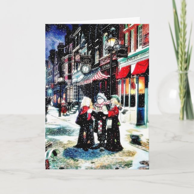 Three persons standing on a street singing christm holiday card (Front)