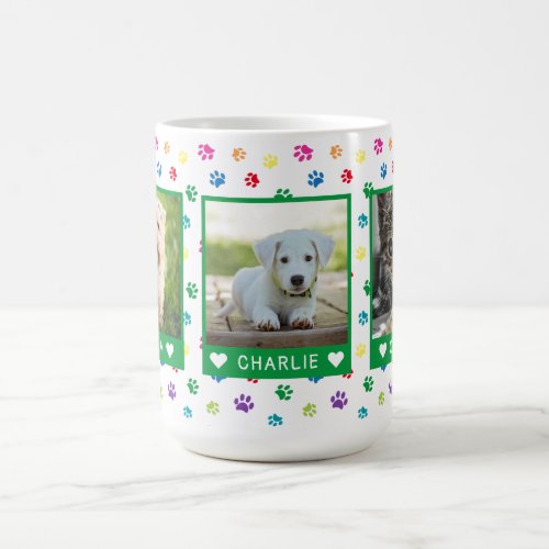 Three Pet Photos Names Green Colorful Paw Prints Coffee Mug