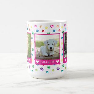 Three Pet Photos Names Pink Colorful Paw Prints Coffee Mug