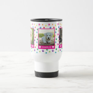 Three Pet Photos Names Pink Colorful Paw Prints Travel Mug