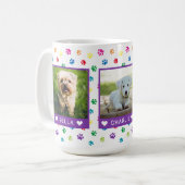 Three Pet Photos Names Purple Colorful Paw Prints Coffee Mug (Front Left)
