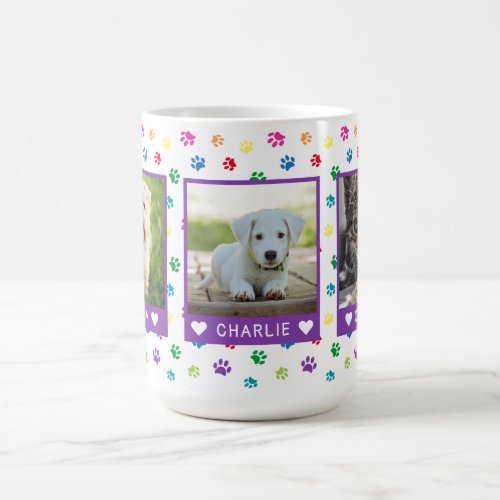 Three Pet Photos Names Purple Colorful Paw Prints Coffee Mug