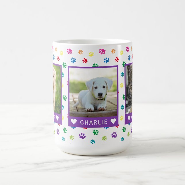 Three Pet Photos Names Purple Colorful Paw Prints Coffee Mug (Center)