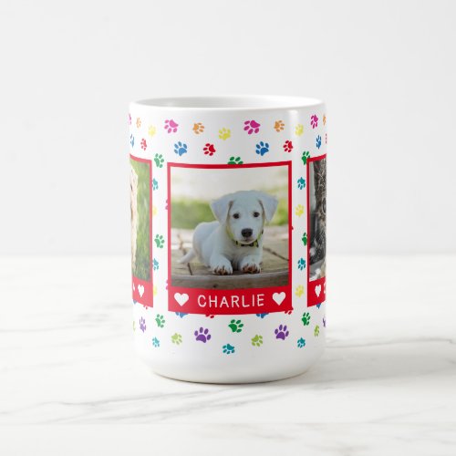 Three Pet Photos Names Red Colorful Paw Prints Coffee Mug