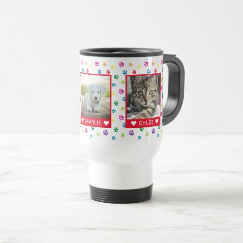 Three Pet Photos Names Red Colorful Paw Prints Travel Mug