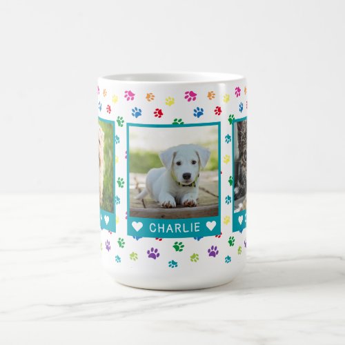 Three Pet Photos Names Teal Colorful Paw Prints Coffee Mug
