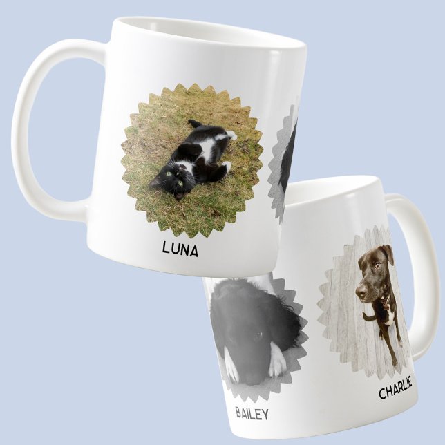 Three Pet Wavy Edged Photo Collage Name Coffee Mug (Modern wavy frame three pet photo collage custom names coffee mug for animal lovers)