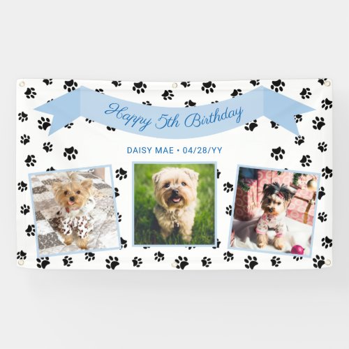 Three Photo Black Paw Prints Blue Pet Birthday Banner