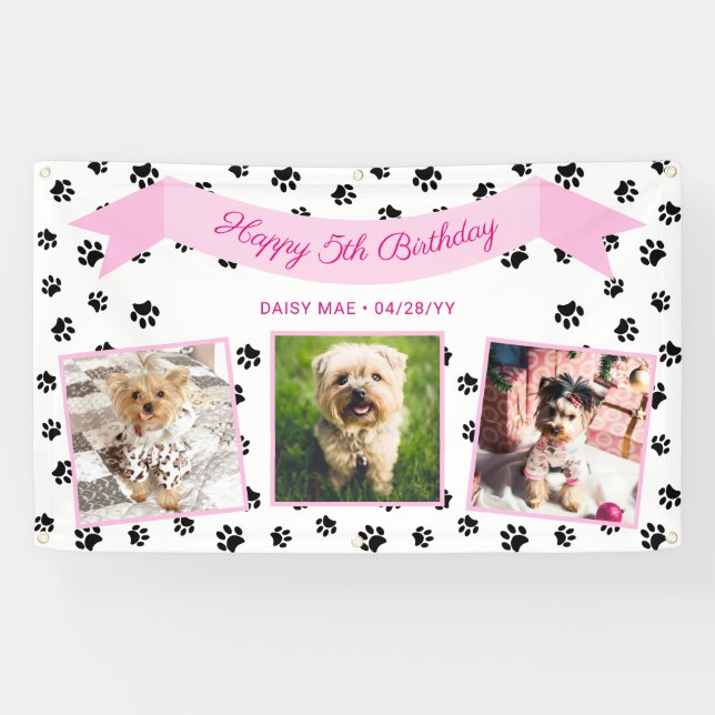 Three Photo Black Paw Prints Pink Pet Birthday Banner (Horizontal)