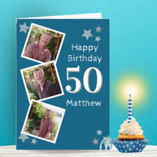Three Photo Blue Stars Birthday Card
