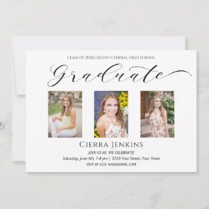 Three Photo Calligraphy White Graduation Party Inv Invitation