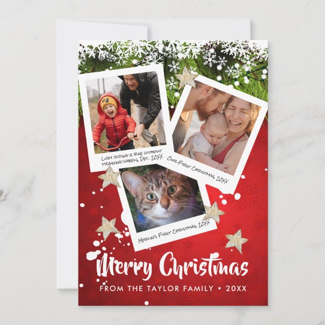 Three Photo Caption Collage Merry Christmas Holiday Card (Front)