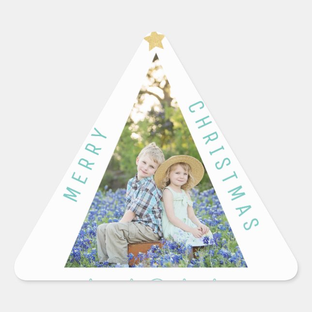 Three Photo Christmas Tree Modern Holiday Card Triangle Sticker (Front)