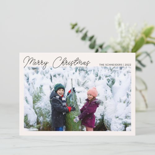 Three Photo Collage Black Script Merry Christmas Holiday Card