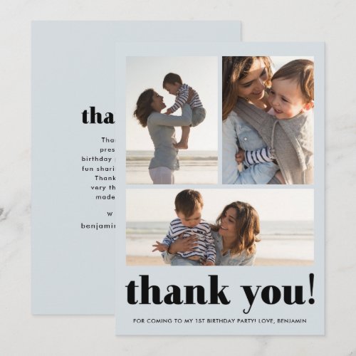 Three Photo Collage Blue Birthday Party Thank You