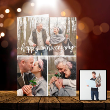 Three Photo Collage Brush Script Happy Anniversary Card by Paperpaperpaper at Zazzle